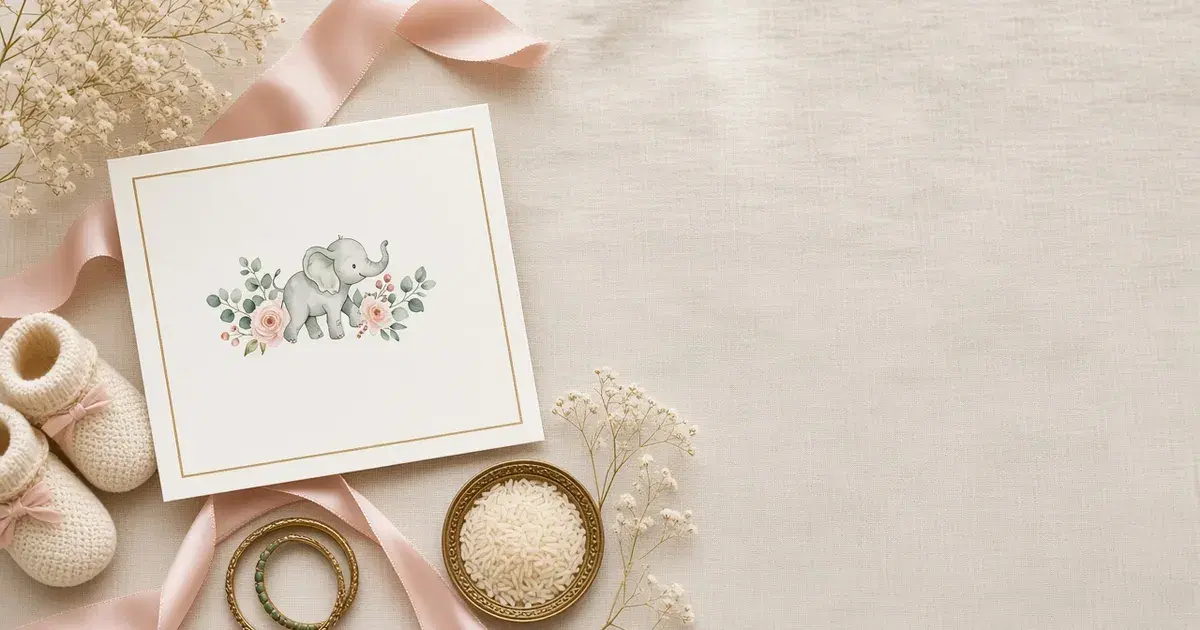 Baby shower invitation card with watercolour elephant, baby booties, bangles and rice for a godh bharai