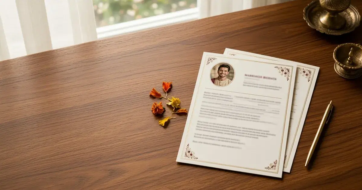 Printed A4 marriage biodata with photo and gold border on a teak table with marigold petals