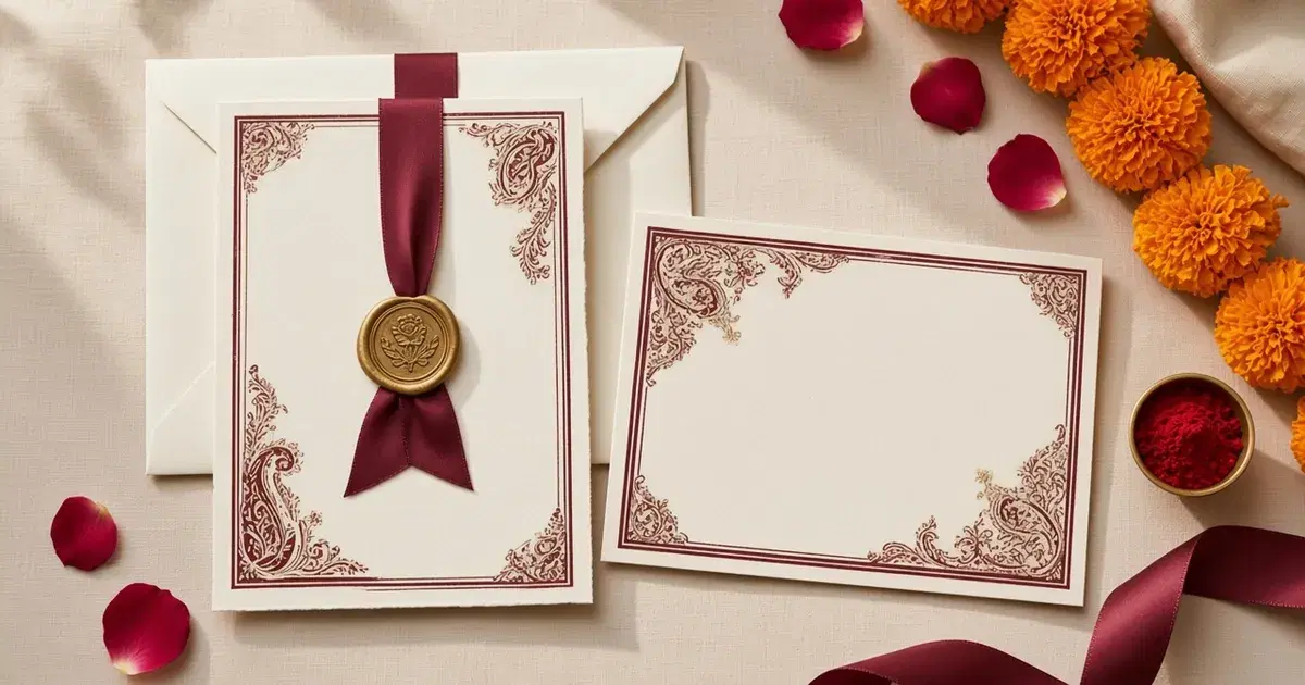 Indian wedding invitation cards in portrait and landscape sizes with maroon paisley borders, wax seal and marigolds