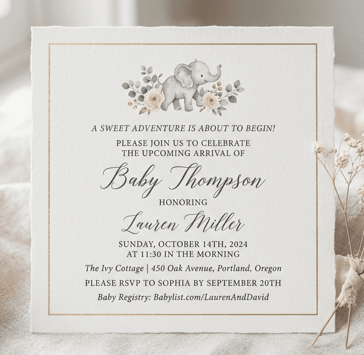 Baby shower card on linen with dried flowers