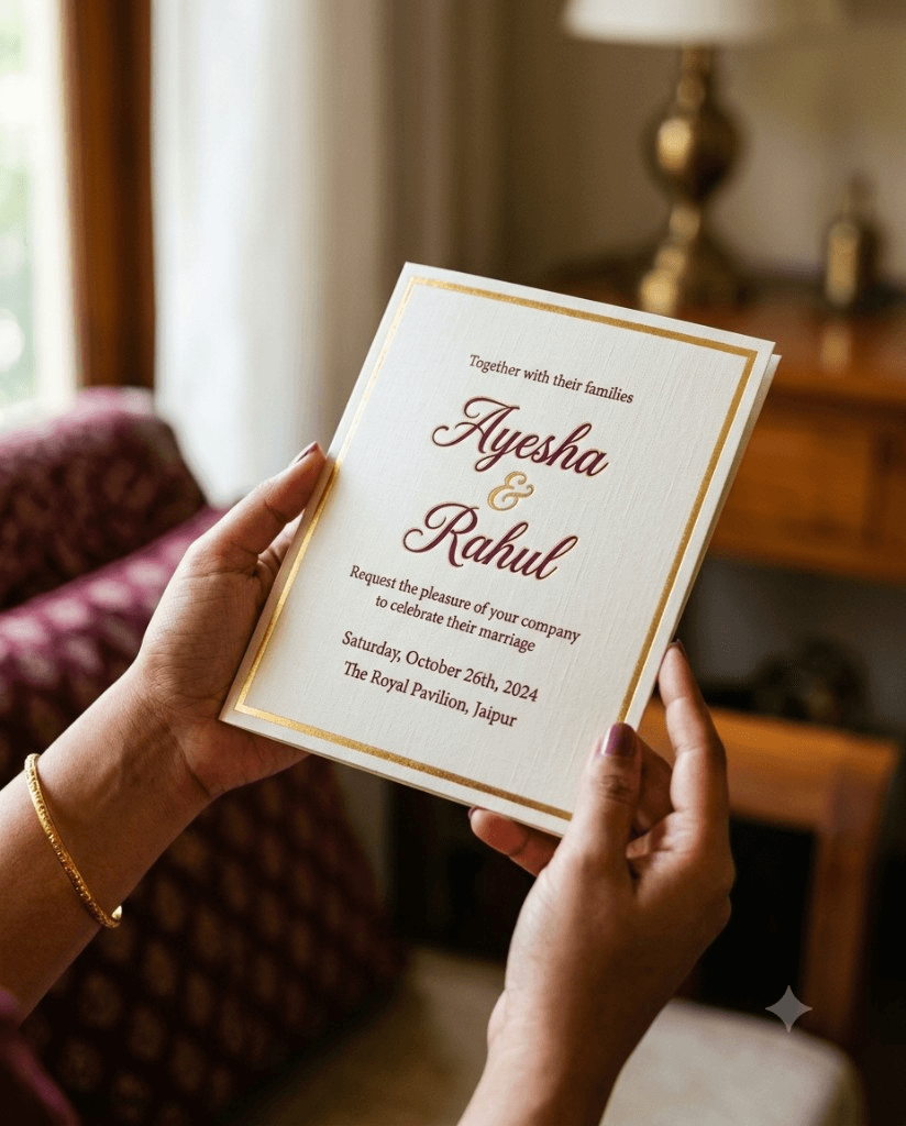 Hands holding a printed wedding invitation