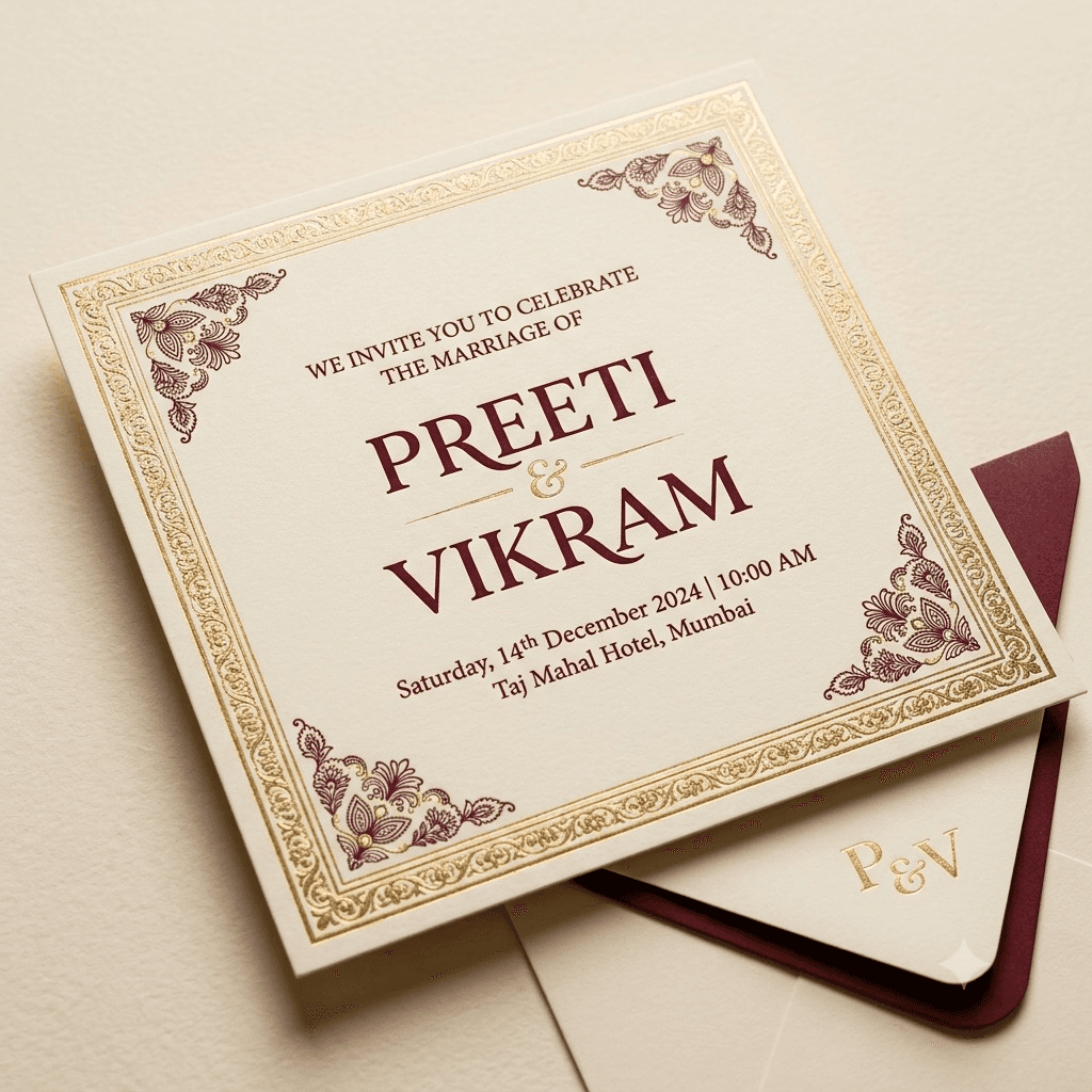Landscape wedding invitation with gold border and envelopes