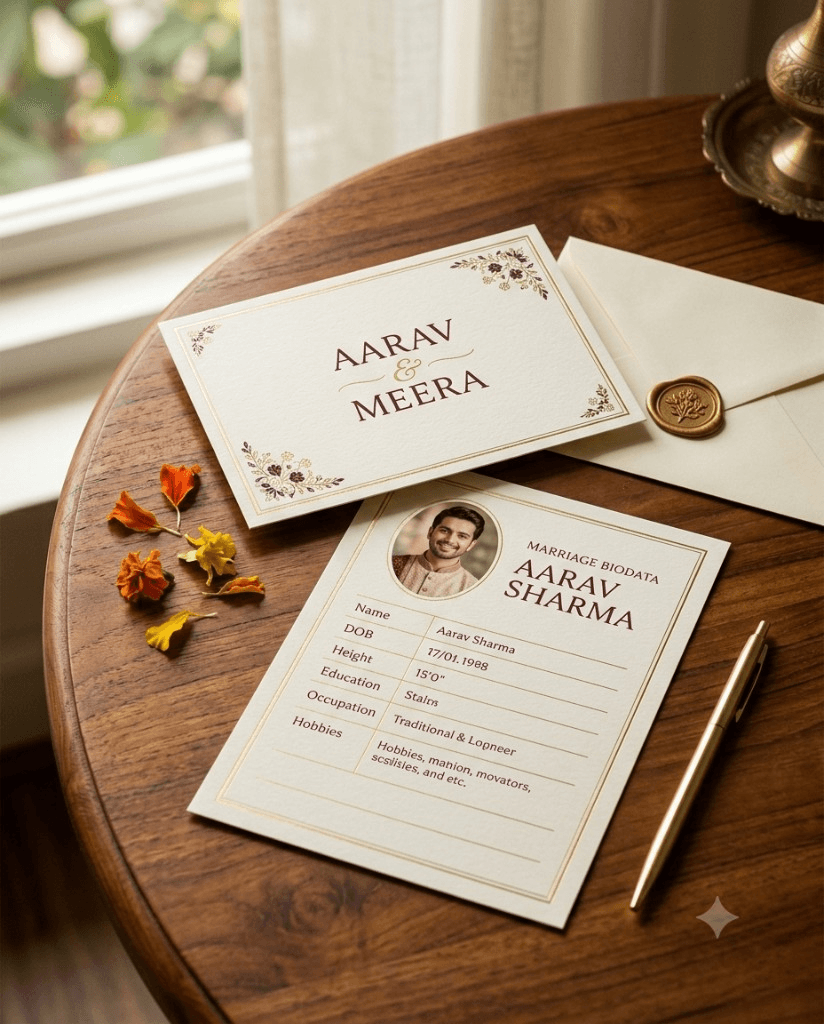 Wedding invitation and marriage biodata on a teak table
