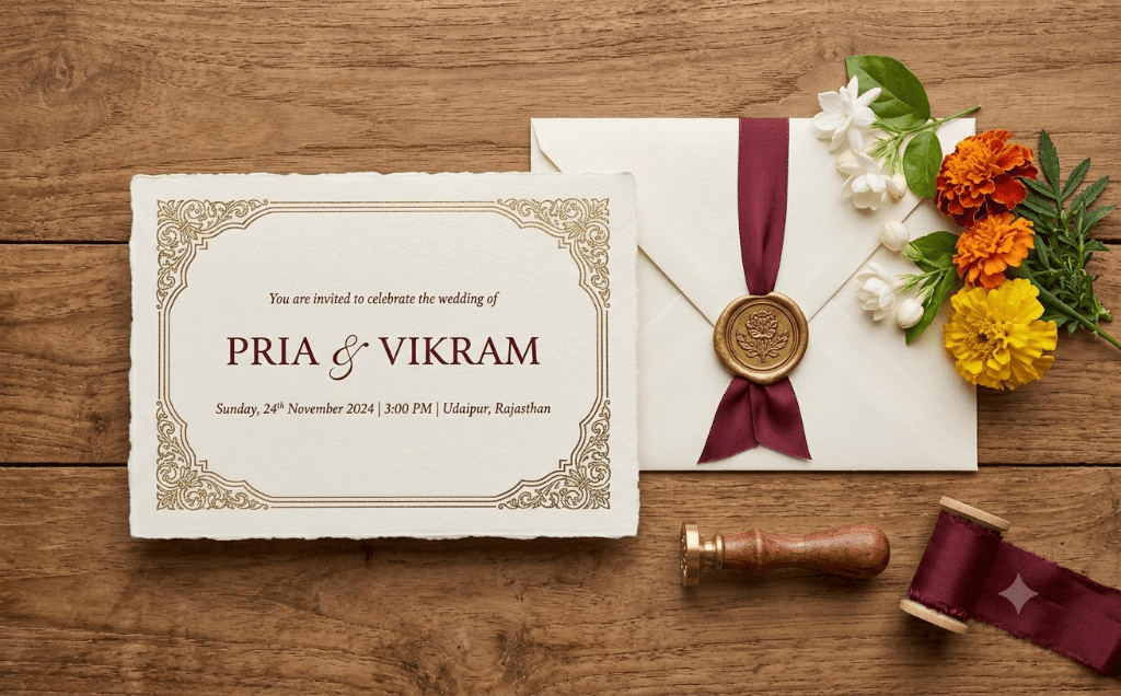 Wedding invitation flat-lay with envelope, wax seal, and marigolds